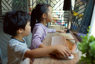Side view of siblings using computer mouse at home