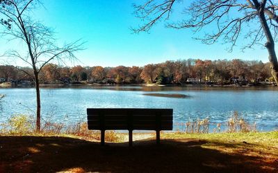 Calm lake against clear blue sky