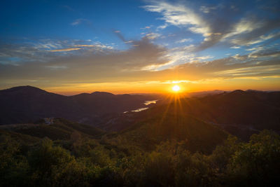 Scenic view of mountains against sky during sunset