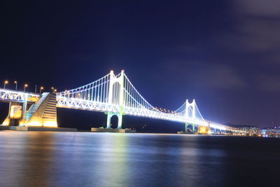 Illuminated bridge over river at night