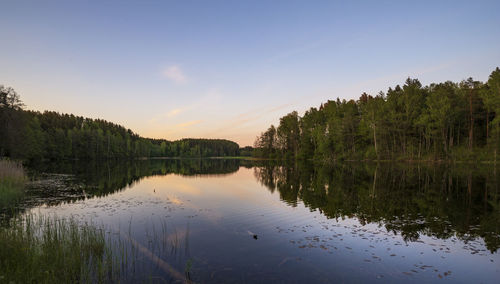 Scenic view of lake against sky at sunset