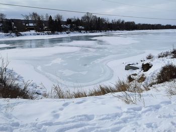 Scenic view of snow covered field against sky