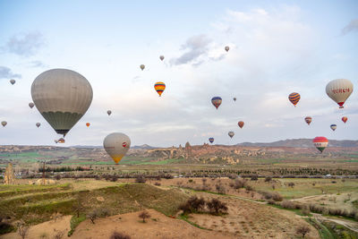 Hot air balloons flying over field against sky