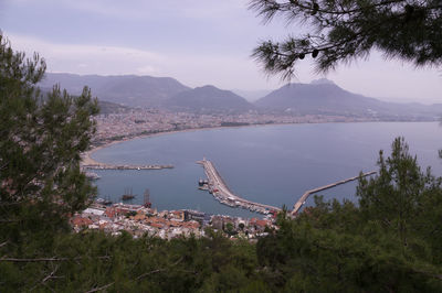 High angle view of bay against sky