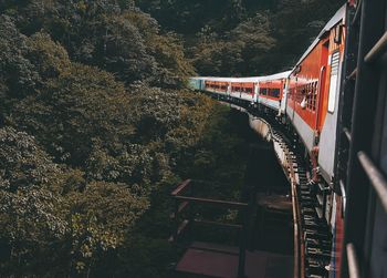 Train on bridge against sky