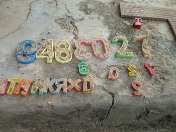 High angle view of text on wall