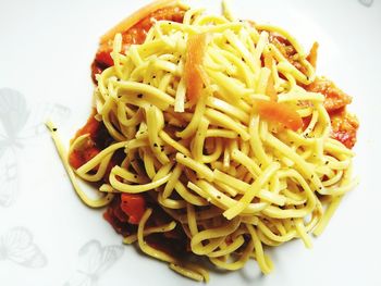 High angle view of noodles served in plate