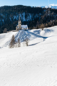 Snow covered land and trees against sky