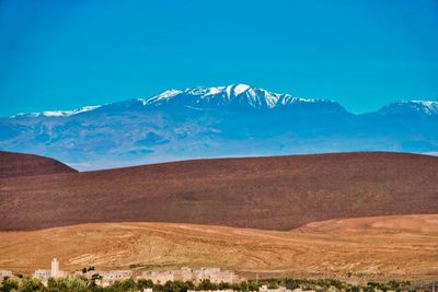 Scenic view of snowcapped mountains against clear blue sky