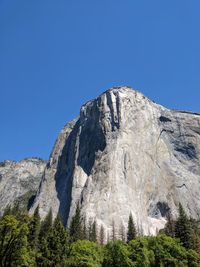 Low angle view of mountain against clear blue sky