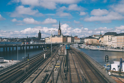 High angle view of railroad tracks against cloudy sky