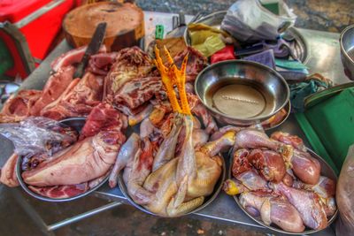 High angle view of meat in market