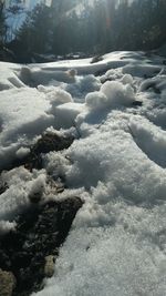 Close-up of frozen water against sky