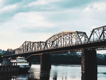 Bridge over river against sky in city