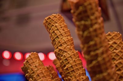 Close-up of waffle cones 