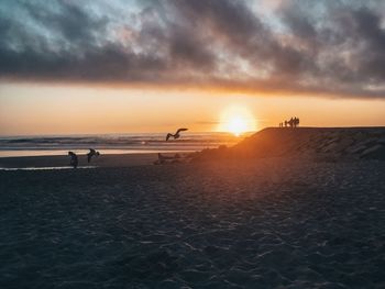 Scenic view of beach against sky during sunset