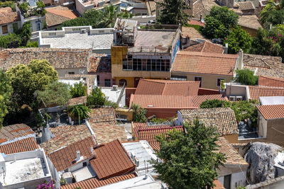 High angle view of houses in town