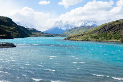 Scenic view of sea and mountains