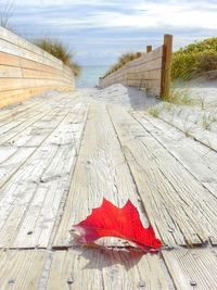 Surface level of wooden boardwalk against sky