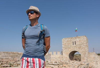 Adult man visits the historic fortress of cape kaliakra, bulgari