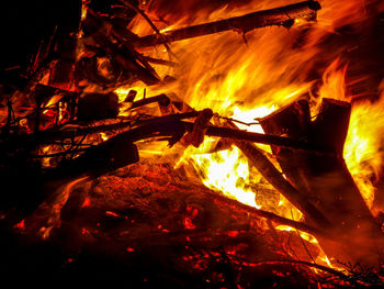 Close-up of fire on log at night