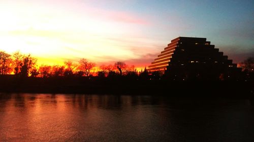 Scenic view of river against sky at sunset