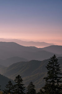 Scenic view of mountains against sky during sunset