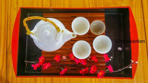 High angle view of tea served on table