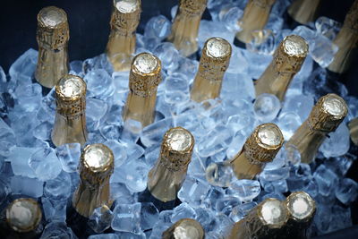 High angle view of wine bottles