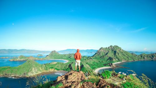 Rear view of man standing by mountain against blue sky