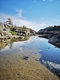 Scenic view of rocks on shore against sky