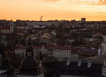 High angle view of townscape against sky at sunset