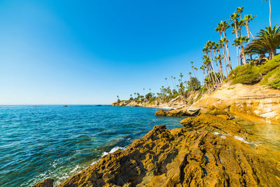 Scenic view of sea against clear blue sky