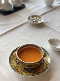 High angle view of coffee cup on table