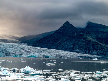 Glacier lake, icebergs and mountains.