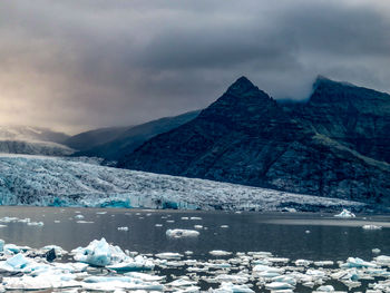 Scenic view of snowcapped mountains against sky during winter