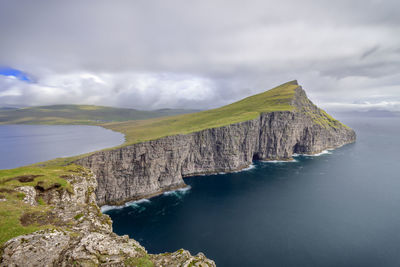 Scenic view of sea and mountains against sky