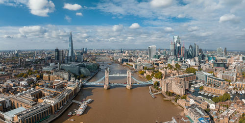 Aerial view of the tower bridge, central london, from the south bank of the thames.