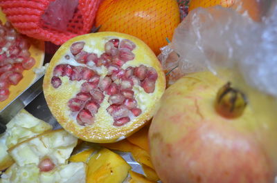 High angle view of chopped fruits in plate