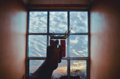 Cropped hand splashing coffee by window at sunset