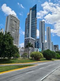 Low angle view of modern buildings against sky