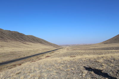 Scenic view of mountains against clear blue sky