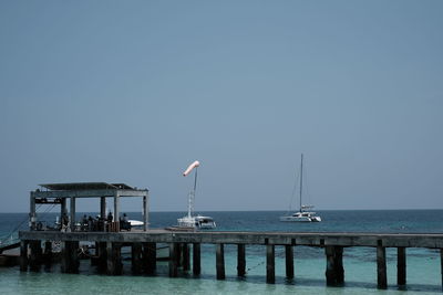 Scenic view of sea against clear blue sky