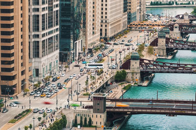 High angle view of bridges and buildings in city