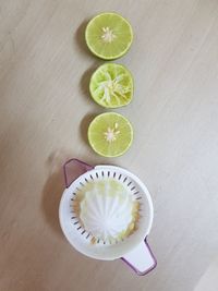 High angle view of lemon slice on table