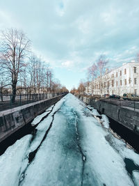 Snow covered canal in city against sky