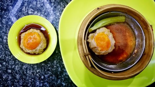 High angle view of breakfast served on table