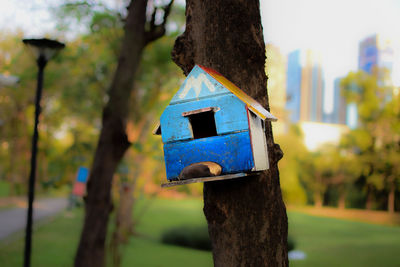Bird house on the tree in garden.