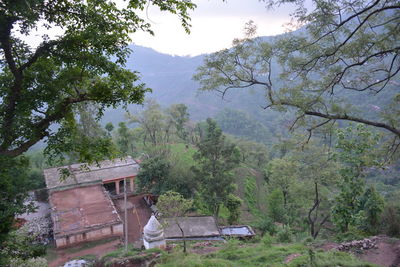 Abandoned built structure against trees