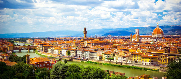 Panoramic view, aerial skyline of florence firenze cathedral of santa maria del fiore, ponte vecchio